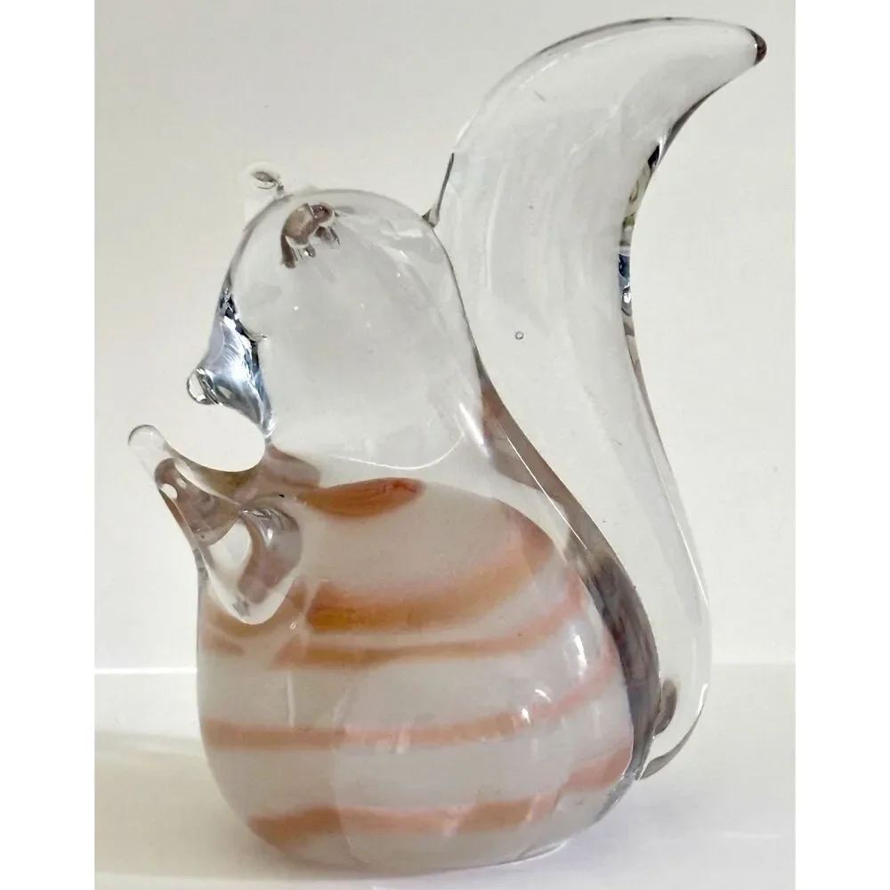 Vintage Murano Style Art Glass Squirrel Pink White Hand Blown Figurine MCM